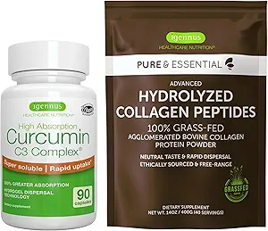 100% Grass-Fed Bovine Collagen Powder + High Absorption Curcumin C3 Complex Sport &amp; Recovery Bundle, 300% Greater Absorption Curcuminoids with Rapid Uptake, by Igennus