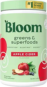 Bloom Nutrition Superfood Greens Powder, Enzymes Digestivos con Probióticos y Prebióticos, Salud Gut, Alivio de Bloating para Mujeres, Clorella, Mezcla de Jugo Verde con Polvo de Hoja, 25 SVG, Sidra de Apple