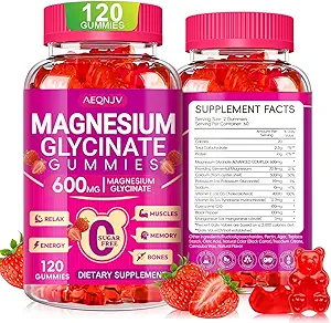 Magnesio Glycinate Gummies 600mg, Azucar Chewable Gummies de Magnesio con Glycinate de Magnesio, Vitamina D, B6 y CoQ10 para el sueño, relajación, cerebro y músculo, 60 días de suministro