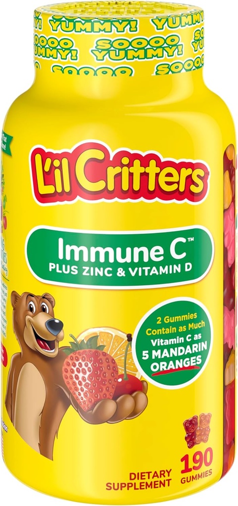 L’il Critters Immune C Daily Gummy Suplemento Vitamina para Niños, para Vitamina C, D y Zinc para Immune Support, Orange, Lemon, Strawberry y Cherry Flavors, 190 Gummies (Packaging May Vary)
