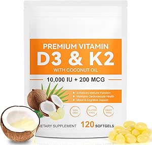 120 Softgels Vitamina D3 K2 10000IU 200MCG - Aceite de coco - Soporte Inmuno, Salud cardíaca - Mantiene Salud cardiovascular - Absorción superior- Fácil de Tragar
