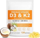 120 Softgels Vitamina D3 K2 10000IU 200MCG - Aceite de coco - Soporte Inmuno, Salud cardíaca - Mantiene Salud cardiovascular - Absorción superior- Fácil de Tragar