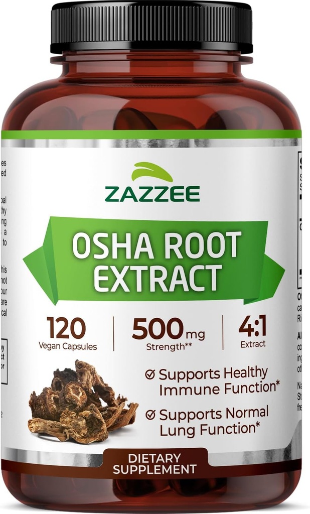 Zazzee OSHA Root 4:1 Extracto, 500 mg Fuerza, 120 cápsulas Vegan, 4 meses de suministro, Concentrado y Estándarizado 4X Extracto, 100% Vegetariano, Ligusticum porteri, All-Natural and Non-GMO