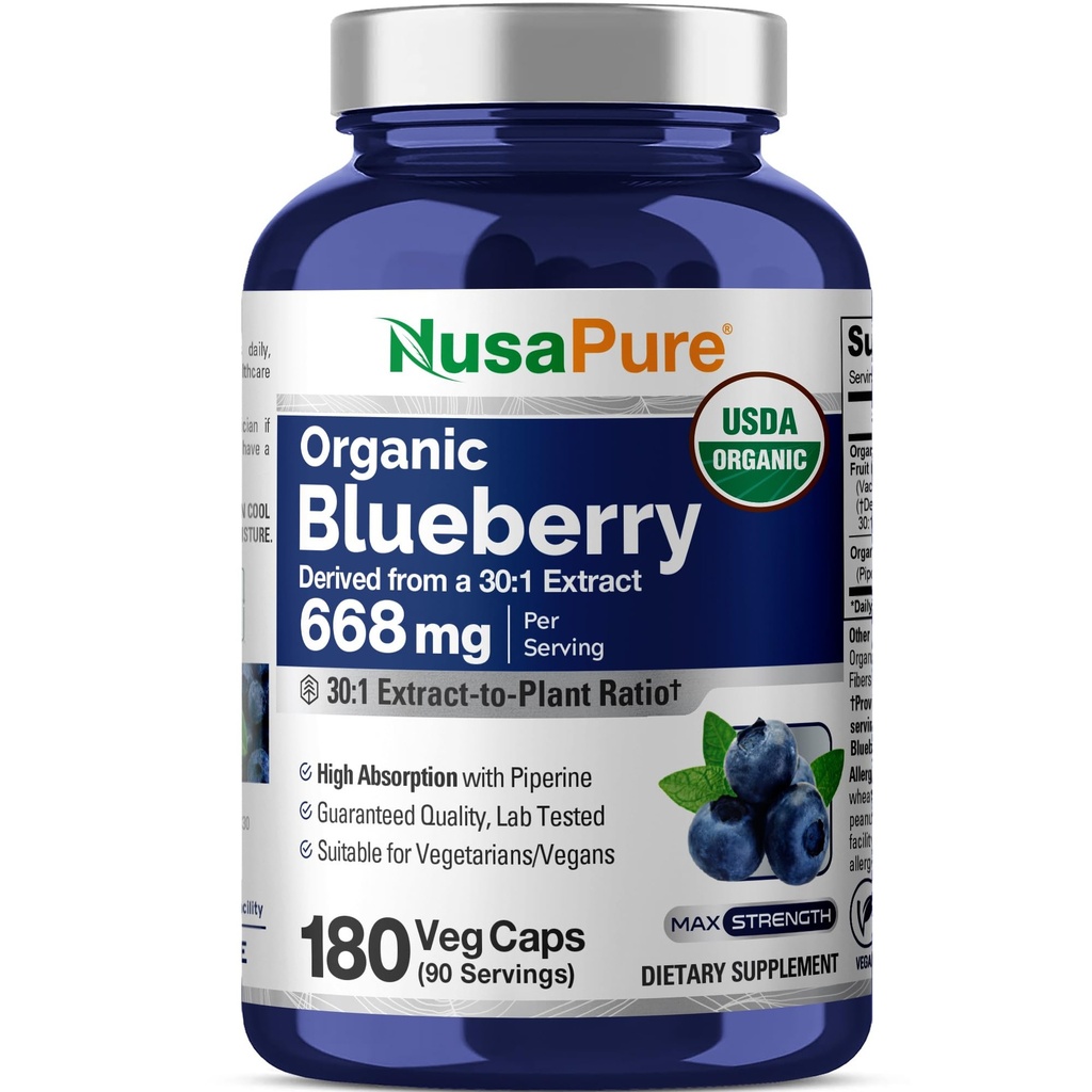 NusaPure Blueberry Concentrate 20,000mg - 180 Veggie Powder caps (Extract 30:1, 100% Vegetariano, No GMO)