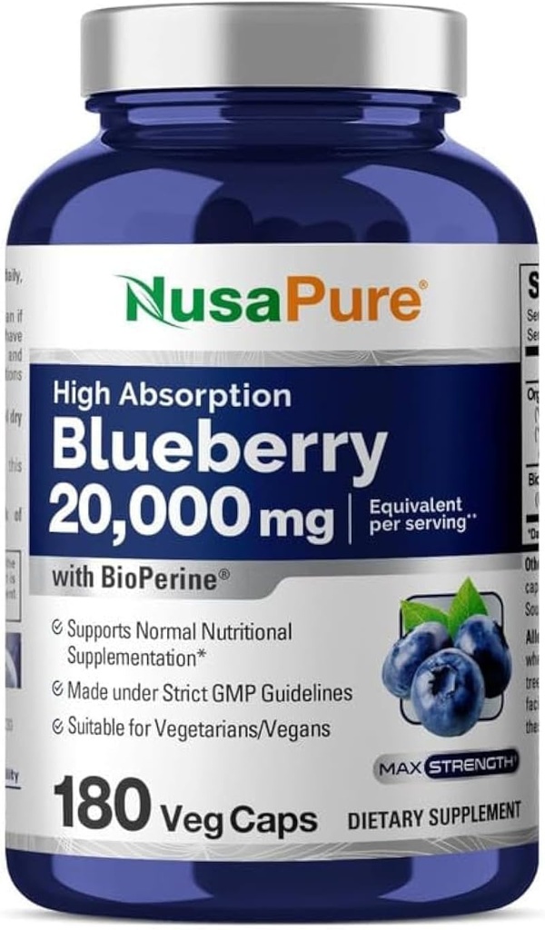 NusaPure Blueberry Concentrate 20,000mg - 180 Veggie Powder caps (Extract 30:1, 100% Vegetariano, No GMO)