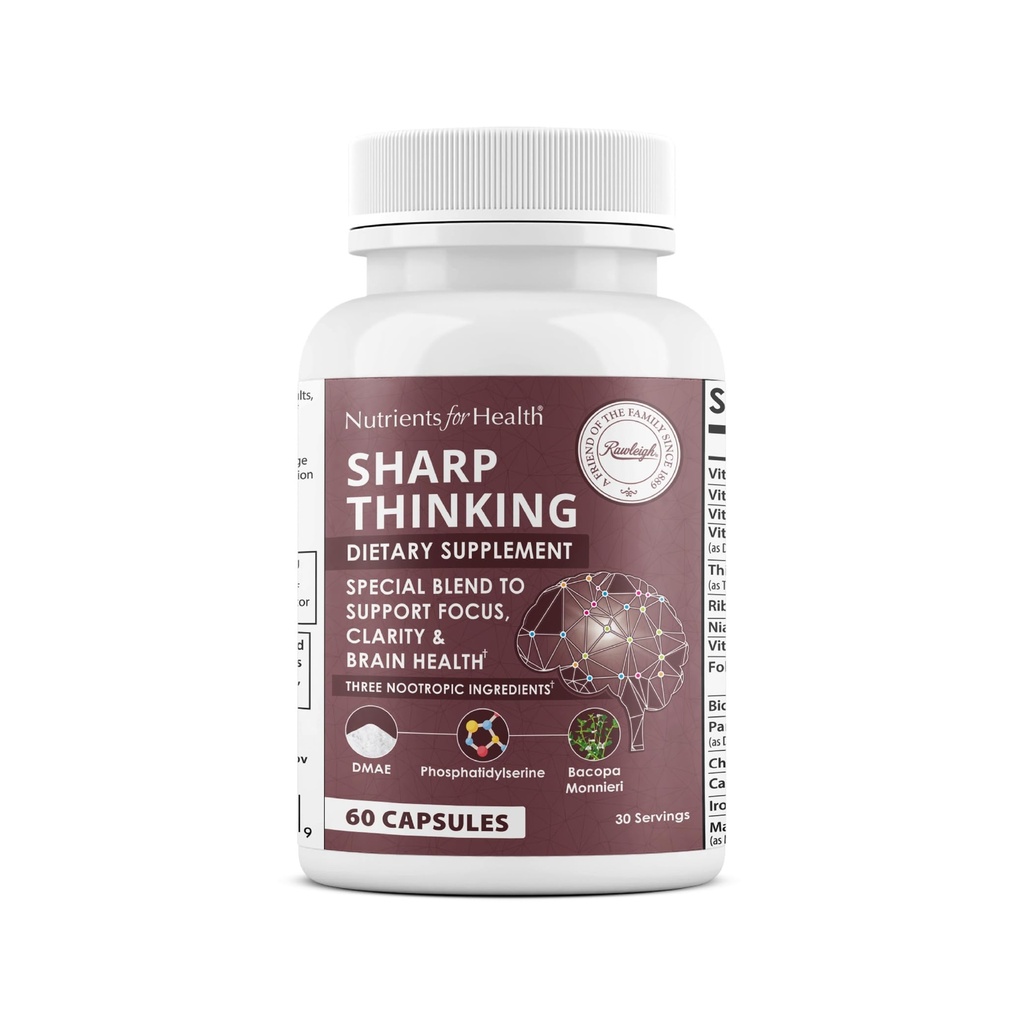 Rawleigh Sharp Thinking: 60 cápsulas, Focus, Clarity, Memory Support, 3 nootropics, DMAE Bitartrate, Bacopa Monnieri, Phosphatidylserine, DHA &amp; Vitaminas A, C, D, E, B-Complex