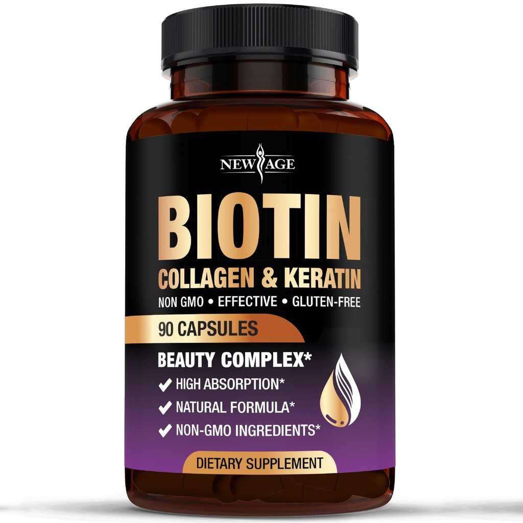 NUEVO AGE Biotina Collagen Keratina Ácido Hialurónico - 50.000 mg Crecimiento del cabello Vitaminas para Hombres y Mujeres, uñas, cabello, vitaminas de la piel y DHT Bloqueador con vitamina E ácido fólico Pumpkin semillas MSM - 90 Con