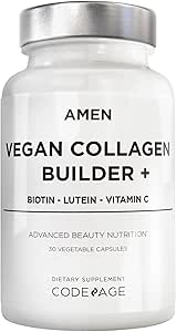 Amen Plant-Based Vegan Collagen Builder Supplement - Organic Whole Foods, Lutein, Vitamina C, Biotin, Lysine, Proline Collagen Boosters - Organic Cranberry, Lemon, Strawberry - Once A Day - 30 Capsules