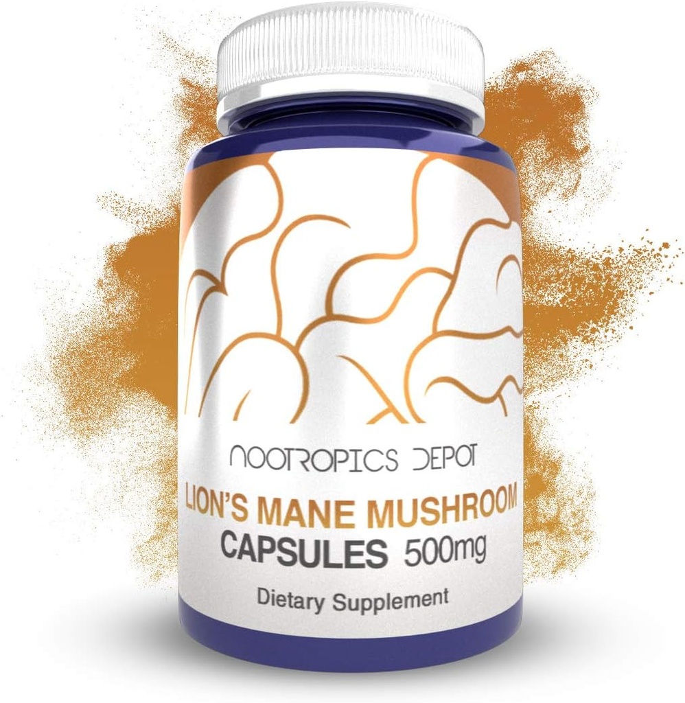 Nootropics Depot Lions Mane Mushroom Capsules ← 500mg TEN 60 Conde Silencio Hericium erinaceus TEN TODO EL AFECTO DE AFECTOS Extracto ANTERIOR Salud cerebral Suplemento ANTE Neuroprotective + Boost Mood