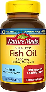 Nature Made Burp-Less Fish Oil 1200 mg, 60 Softgels, Fish Oil Omega 3 Suplemento para la salud cardíaca (Pack of 3)