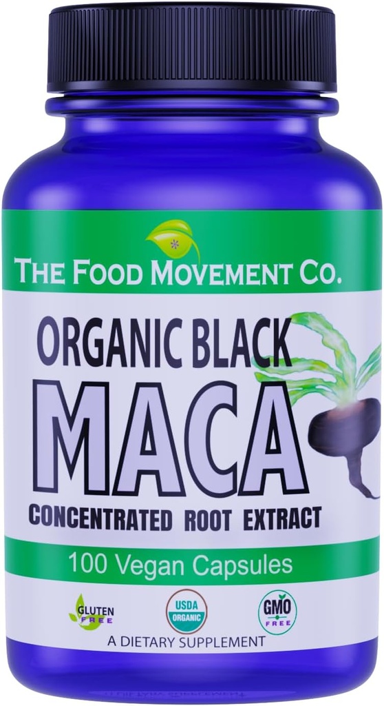 EL MOVIMIENTO DE FOOD CO. Maca Negro 500mg 60 cápsulas - Orgánica, No GMO, Vegan, Gluten libre- Negro Maca suplemento para la totalidad del bienestar corporal