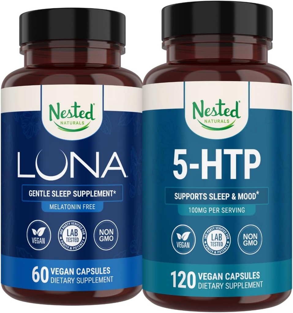 Naturales anidados Luna Melatonin-Free Sleep Supplement (60 Vegan Capsules) & 5-HTP 100mg (120 cápsulas Vegan) para el sueño mejorado, la relajación " Mood