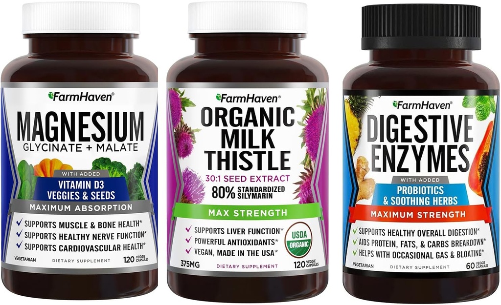 FarmHaven Magnesium Glycinate " Malate + Leche Thistle + Enzymes Digestivos con Probióticos