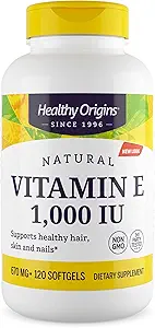 Orígenes saludables Vitamina E, 1.000 UI (Natural) Tocoferoles mixtos - Suplemento de vitamina E - Esquía sin gluten, pelo y uñas Vitamina - 120 Softgels