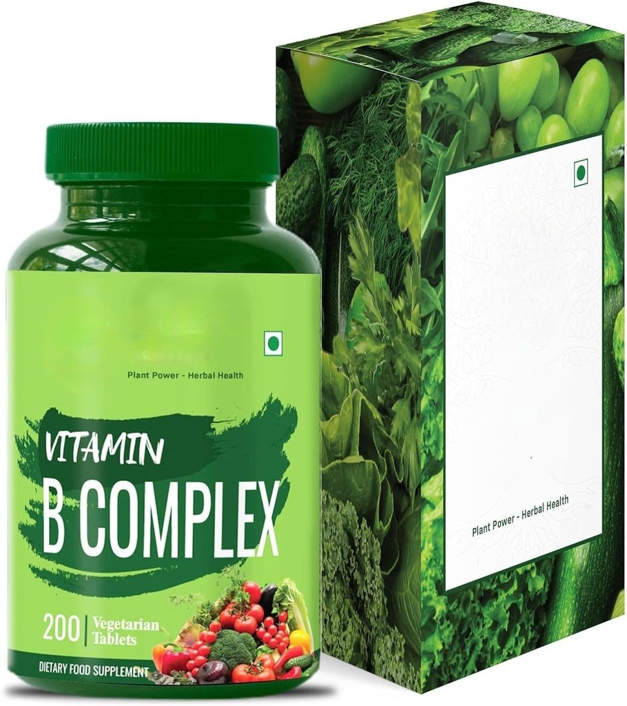 Complejo de vitamina B 100% RDA - 200 Tabletas/Capsules - B Suplemento de vitaminas (B1, B2, B3, B5, B6, B7, B9, B12), Verde