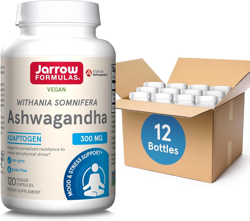 Fórmulas Jarrow Ashwagandha 300 mg - 120 Cápsulas Veggie - Salud general y resistencia a la fatiga - Suplemento Apoya resistencia, recuperación muscular y salud cognitiva - 60 Servimientos (Pack of 12)