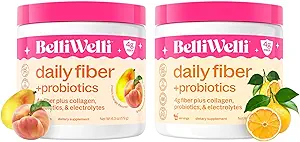 Belli Welli Daily Fiber Supplement Bundle with Collagen, Probiotics & Electrolytes – Peach Mango & Orange Yuzu Mandarin Flavors – Supports Digestion, Gut Balance " Debloating – 32 Servings Total