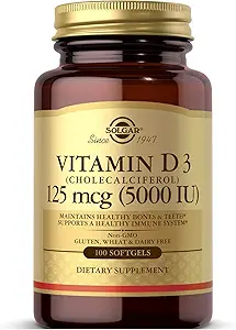 Solgar Vitamina D3 (Cholecalciferol) 125 MCG (5000 UI), 100 Softgels - Ayuda a mantener los huesos saludables " dientes - Apoyo al sistema inmunológico - no GMO, libre de gluten, libre de lácteos - 100 piezas