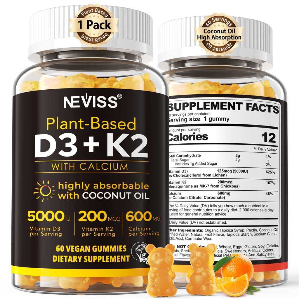 Vitamina D3 5000iu & K2( como MK7 ) 200mcg Gummies + 600mg Calcio, con aceite de coco para alta absorción, Maximum Strength Vitamin D3 K2 Suplemento - Soporte para huesos musculo dientes Immune, Vegan 60 Conde