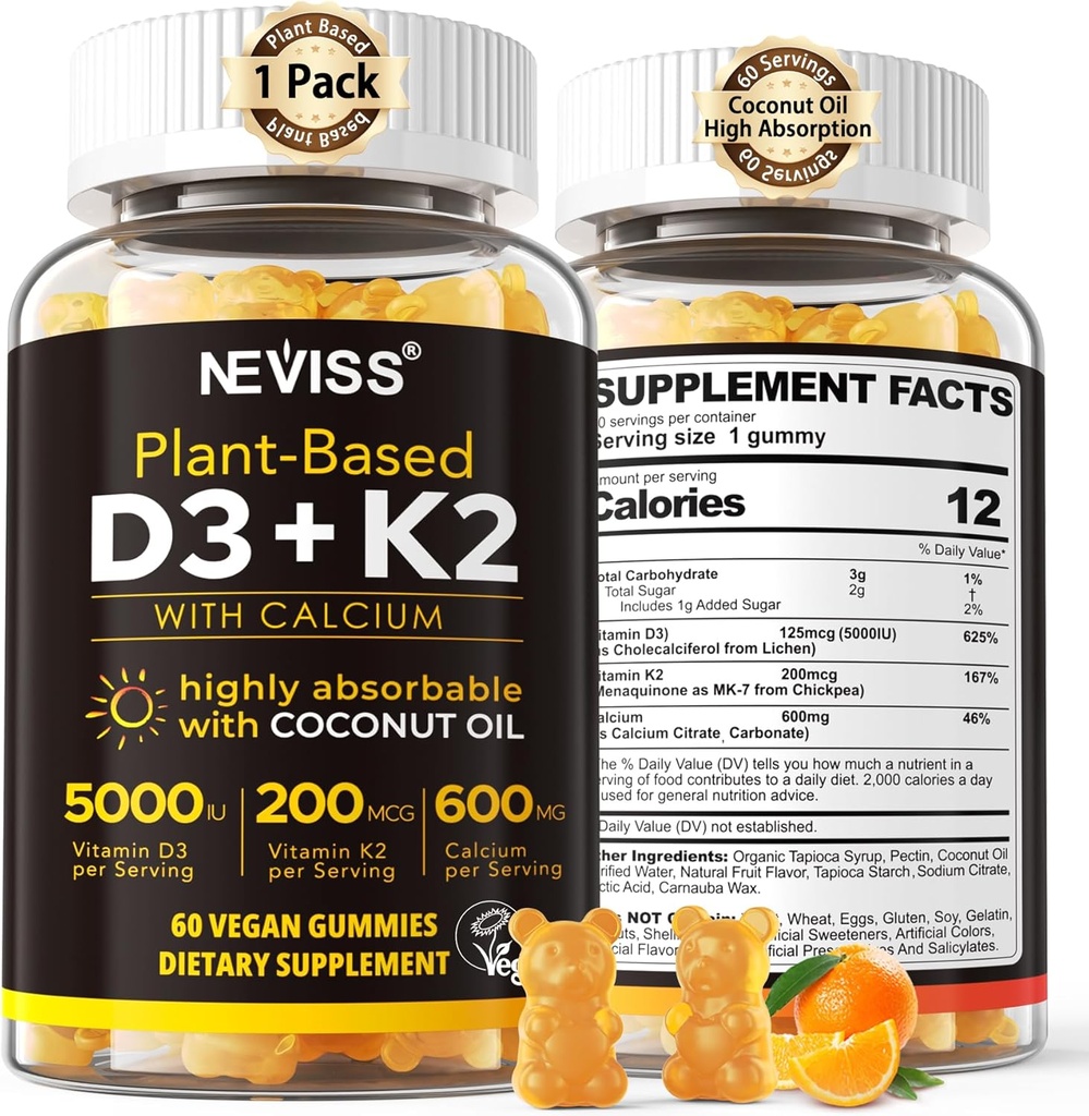 Vitamina D3 5000iu & K2( como MK7 ) 200mcg Gummies + 600mg Calcio, con aceite de coco para alta absorción, Maximum Strength Vitamin D3 K2 Suplemento - Soporte para huesos musculo dientes Immune, Vegan 60 Conde