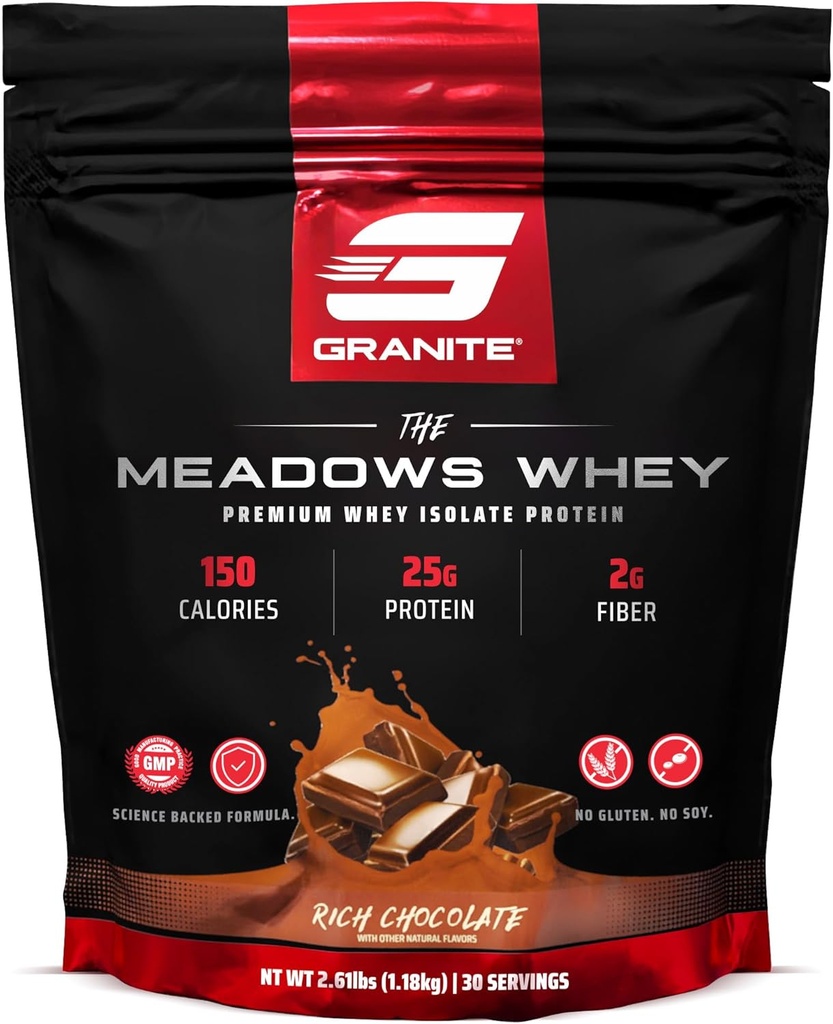 Granite Supplements The Meadows Whey Protein Isolate Protein Powder for Lean Muscle with 150 Calories, 2g Fiber, 1g Sugar (30 Servings), Rich Chocolate Flavor