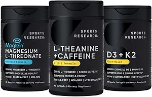 Investigación Deportiva Magtein Magnesium L-Threonate Capsules (2000mg, 90 capsules), Vegan Vitamina D3 + K2 w/Organic Coconut Oil (5000iu VIT. D 100mcg Mk7 VIT. K, 60 Softgels) y L-Theanine (200mg, 60 ct)