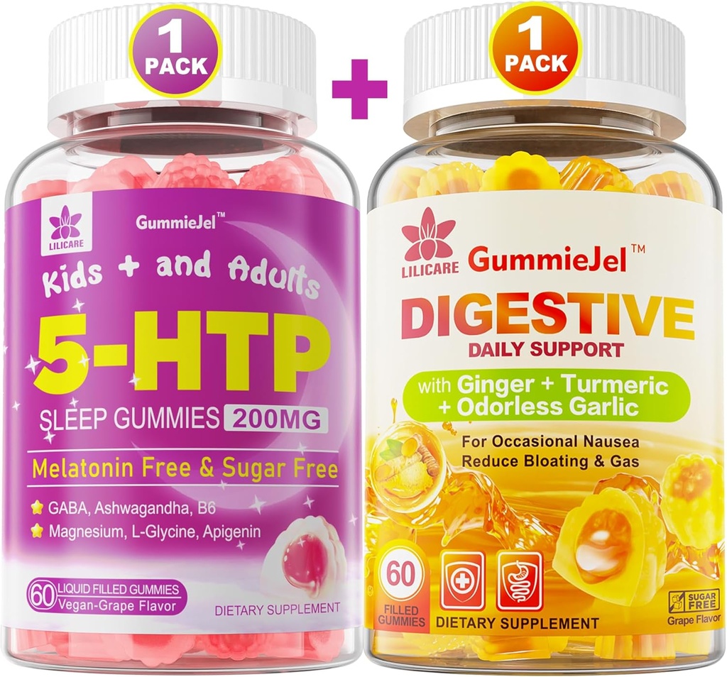 Ginger Chews Supplement Gummies for Nausea, Stomach Relief & 5HTP Gummies for Adults & Kids 8+ with GABA + Magnesium Glycinate