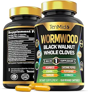 Wormwood Capsules Suplemento para Hombres y Mujeres, 10in1 Fórmula con nuez negra, dientes enteros, turmérico, pimienta de cayena &amp; Más - Digestivo, apoyo inmunitario - Nutrient Rich - 150 cápsulas