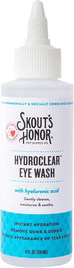 SKOUT'S HONOR HydroClear Eye Wash with Hyaluronic Acid, 4oz Bottle - No medicado, Daily Eye Care for Dogs & Cats