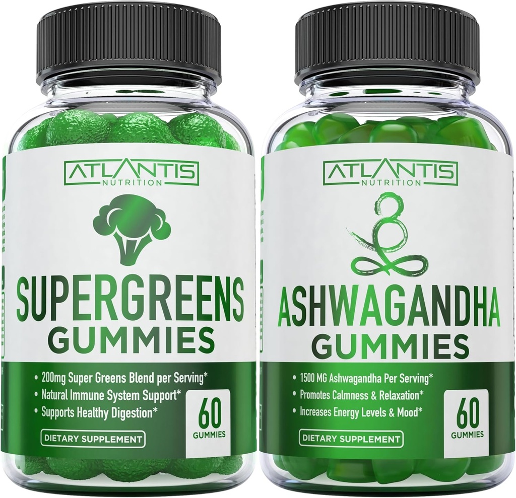 Supergreens " Ashwagandha Gummies - Ashwagandha promueve la calma " mejora del sistema inmunitario - supergreens deliciosos con espinacas, brócoli, beetroot " té verde para apoyo inmunitario - 60 gummies