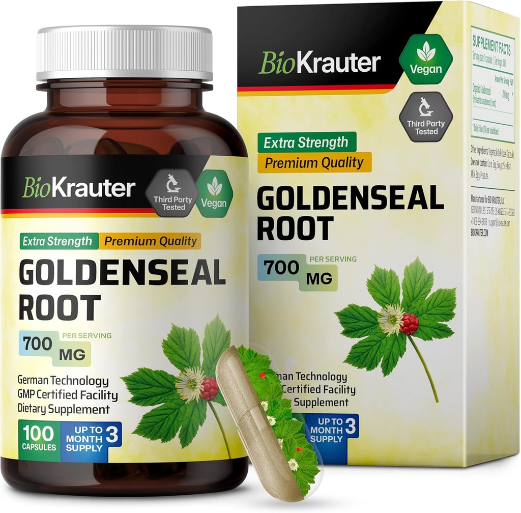 BIO KRAUTER Goldenseal Root Capsule 700 mg - 100 Golden Seal Powder Caps - Respiratory &amp; Digestive Support - Vegan, No Fillers