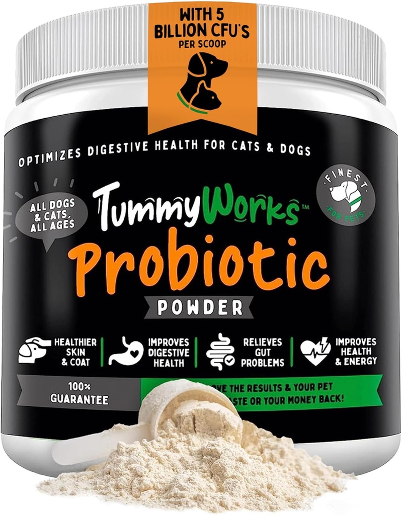 TummyWorks Pólvora Probiótica para perros &amp; gatos. Probióticos para la salud digestiva, apoyo inmunológico, diarrea, gas, picazón " alergias estacionales. Con Enzimas Digestivos & Prebióticos. Made in USA - 160 Scoops
