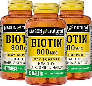 MASON NATURAL Biotina 800 mcg, Hair, Skin &amp; Nail Health Support, High Potency Vitamin B7 Supplement, 60 Tablets (Pack of 3)