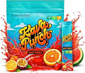 KAVA PUNCH Relaxation Drink Mix – 12 Stick Pack Pouch with Kava Kava Extract for Stress Relief ← No alcohólico, Bajo-Calorie, Healthy Alternative Beverage ← Portable Alcohol-Free Buzz Drink