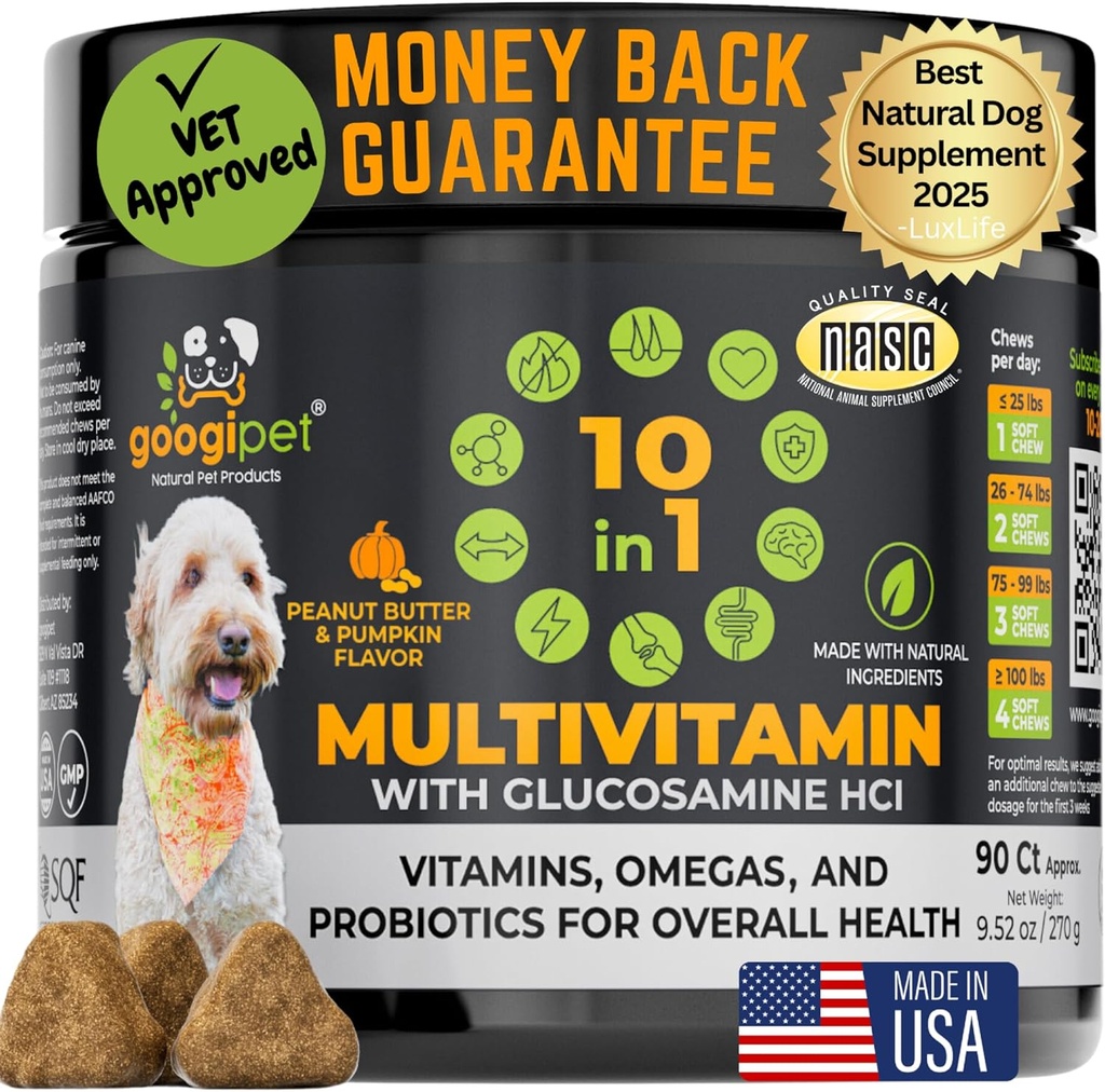 Googipet Premium 10 en 1 Vitaminas para perros Multivitamínico Agrietado con Probióticos para Gut Health, Vitaminas para perros y Suplementos w/Vitamin C & Glucosamina para Soporte Conjunto (Peanut Butter & Pumpkin Flavor)