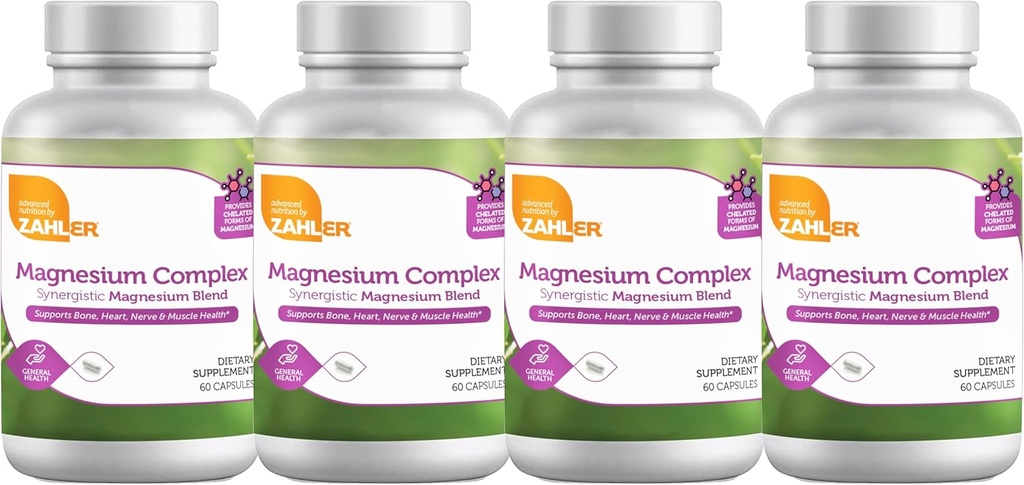 Zahler Magnesio Complejo Magnesio sinérgico Blend, soporta el hueso, el corazón, el nervio y la salud muscular, 240 cápsulas.
