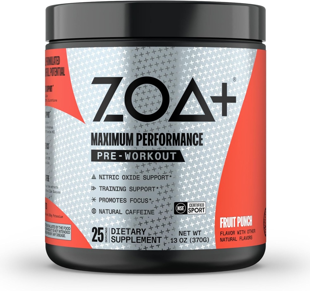 ZOA+ Zero Sugar Pre Workout Powder, Fruit Punch - NSF certificado para el deporte con electrolitos, creatina, Beta Alanine, Ginkgo Biloba, 200mg Caffeine - 25 Servings