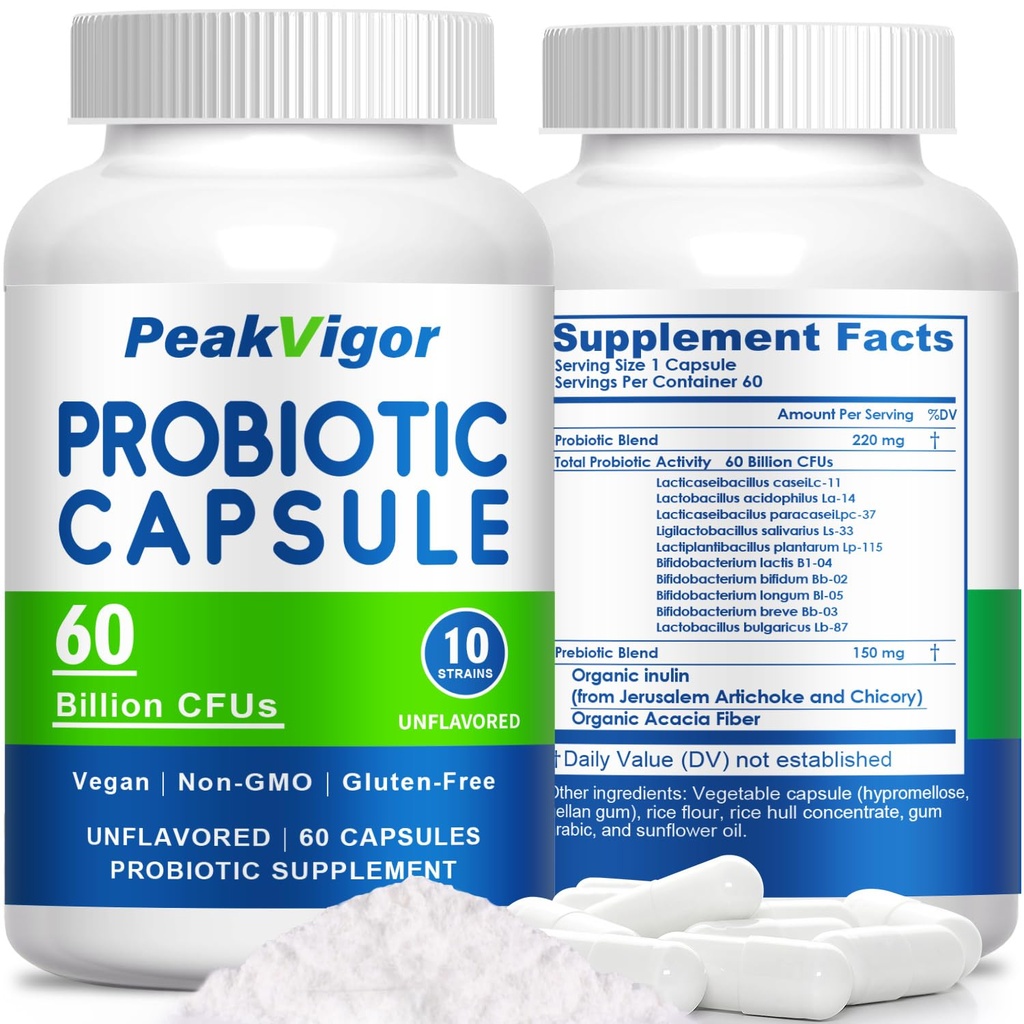Probiotic Capsules for Women, 60 Billion CFU with Prebiotic Blend, Vegan,10 Strains, Non-GMO, Gluten-Free & Easy-Swallow, 60 Capsules, Third-Party Tested