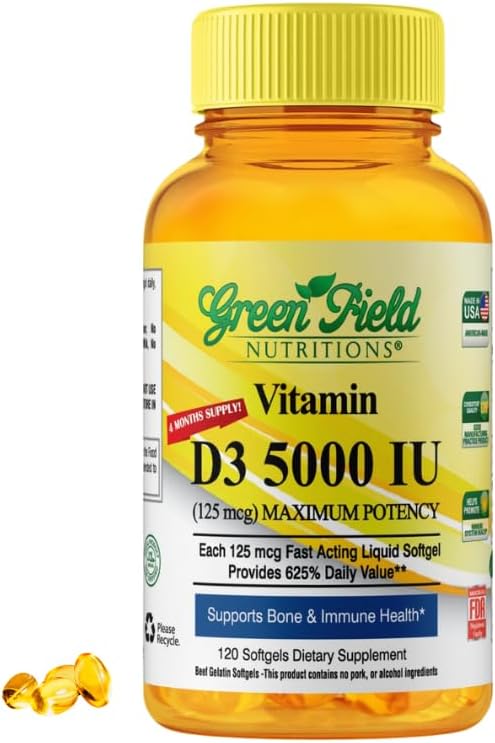 Greenfield Nutritions Halal Vitamin D - Halal Vitamin D3 5000 IU Softgel (125 mcg), High Potency 120 Unflavored Softgels - Beef Gelatin D3 Halal Vitaminas, soporta Immune Bone Teath Brain and Hair