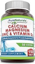Pure Naturals Calcium Magnesium Zinc Vitamin D3 Supplement | Calcium 1000mg, Magnesium 400mg, Zinc 25mg, Vitamin D3 600 IU | Non-GMO | Gluten Free (300 Tablets)