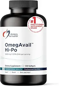 Diseños para la salud OmegAvail Hi-Po - TG (Triglyceride) Suplemento de aceite de pescado Omega-3, 1600mg EPA/DHA por servir con limón + vitamina E para minimizar el sabor a pescado (120 Softgels)