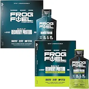 Frog Fuel Power Regular &amp; Power Energized Full Protein Shot Bundle, 15g Protein Nano-Hydrolyzed Grass Fed Collagen, Post Workout, Fat & Sugar Free, 22 Amino Acids, Berry, 1 oz Packets, 48 Pack Pack