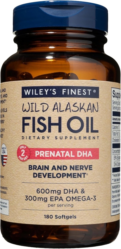 Wiley's Finest Wild Alaskan Fish Oil Prenatal DHA - 900 mg EPA y DHA Omega-3s para mujeres embarazadas y madres de enfermería - 180 Softgels (90 servicios de vitamina prenatal)