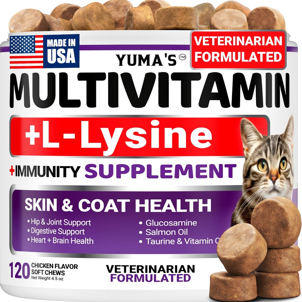 Cat Multivitamin Chews - Cat Vitamins and Supplements - Taurine & Lysine for Cats - Omega-3, Glucosamine, Cranberry - Skin & Coat, Hip & Joint Support - Immune Health, Skin, Heart, Digestion