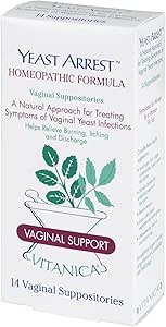 Vitanica Yeast Arrest, Homeopathic Vaginal Suppositories, para los síntomas de la infección por levaduras, Alimenta la quema, picazón y descarga, con ácido Boric, aceite de árbol de té " Probióticos, Vegan (Pro Logo, 14ct)