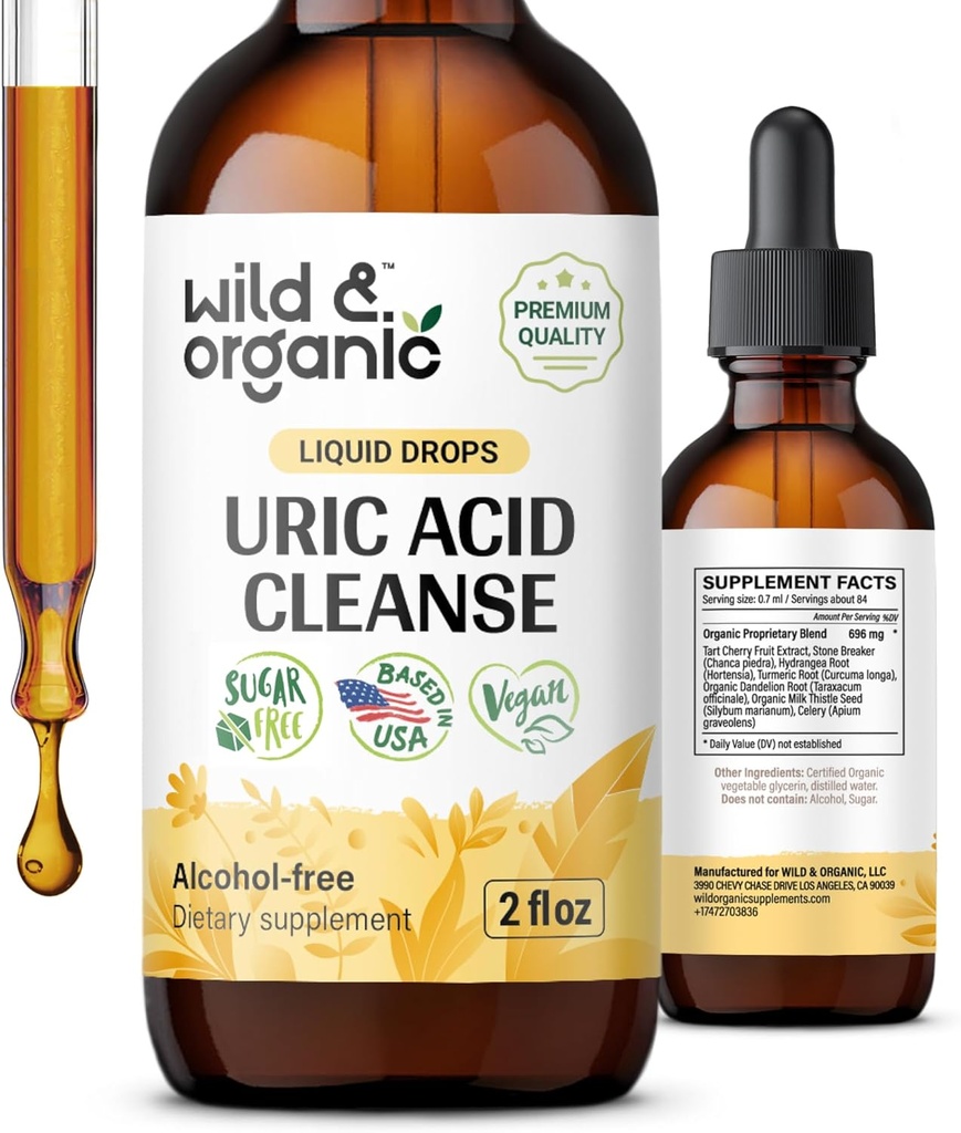 Wild &amp; Organic Uric Acid Cleanse Drops - Tart Cherry, Turmeric, Chanca Piedra Stone Breaker Complex for Kidney Cleanse - Uric Acid Support Supplement - Vegan, Sugar &amp; Alcohol-Free Tincture - 2 oz