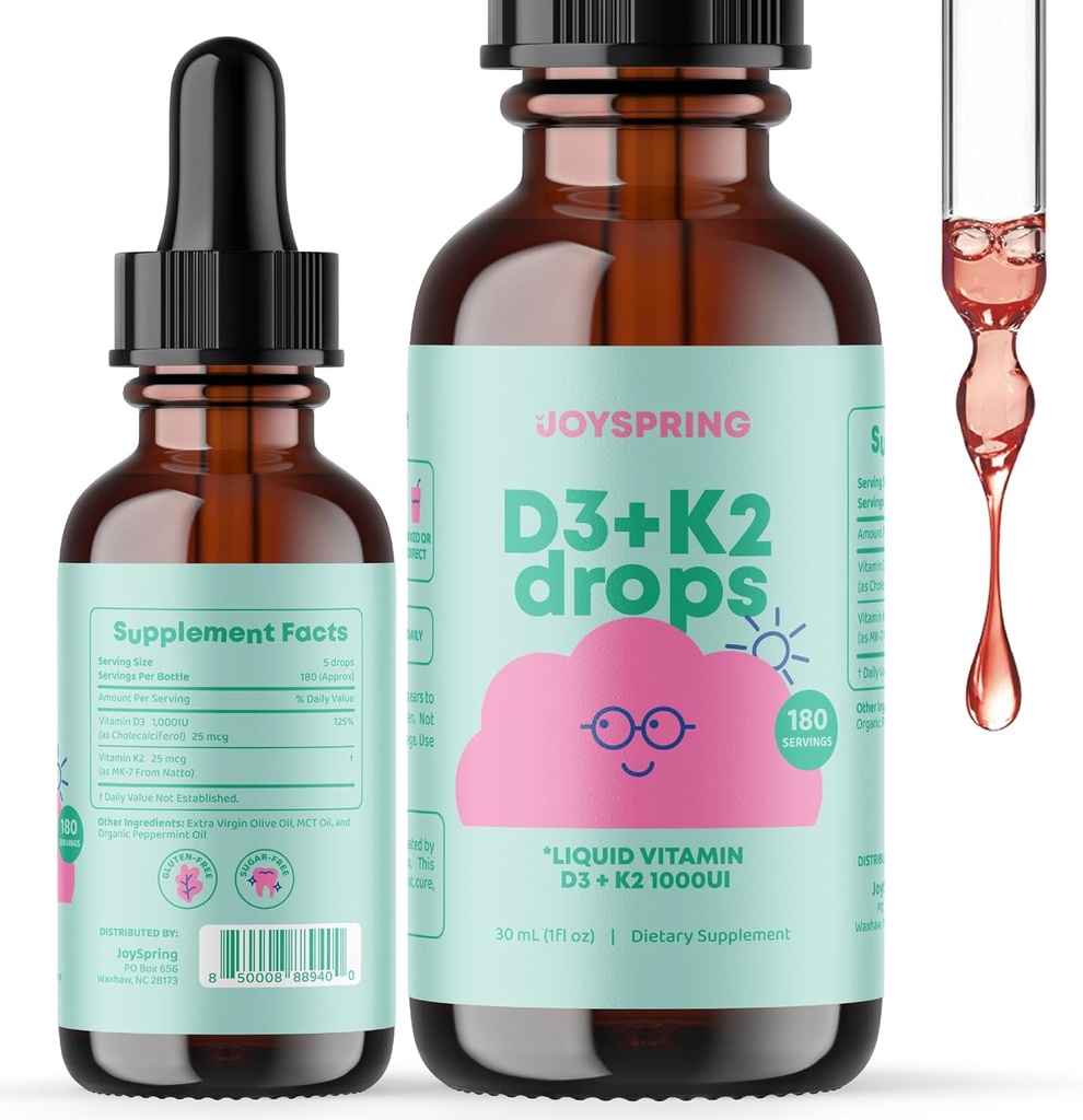 JoySpring Liquid Vitamin D3 with K2 Vitamin D for Kids - Immune Support for Kids, Daily Multivitamin with Burdock Root & Elderberry for Kids Immune Booster and Natural Kids Focus Supplements Drops