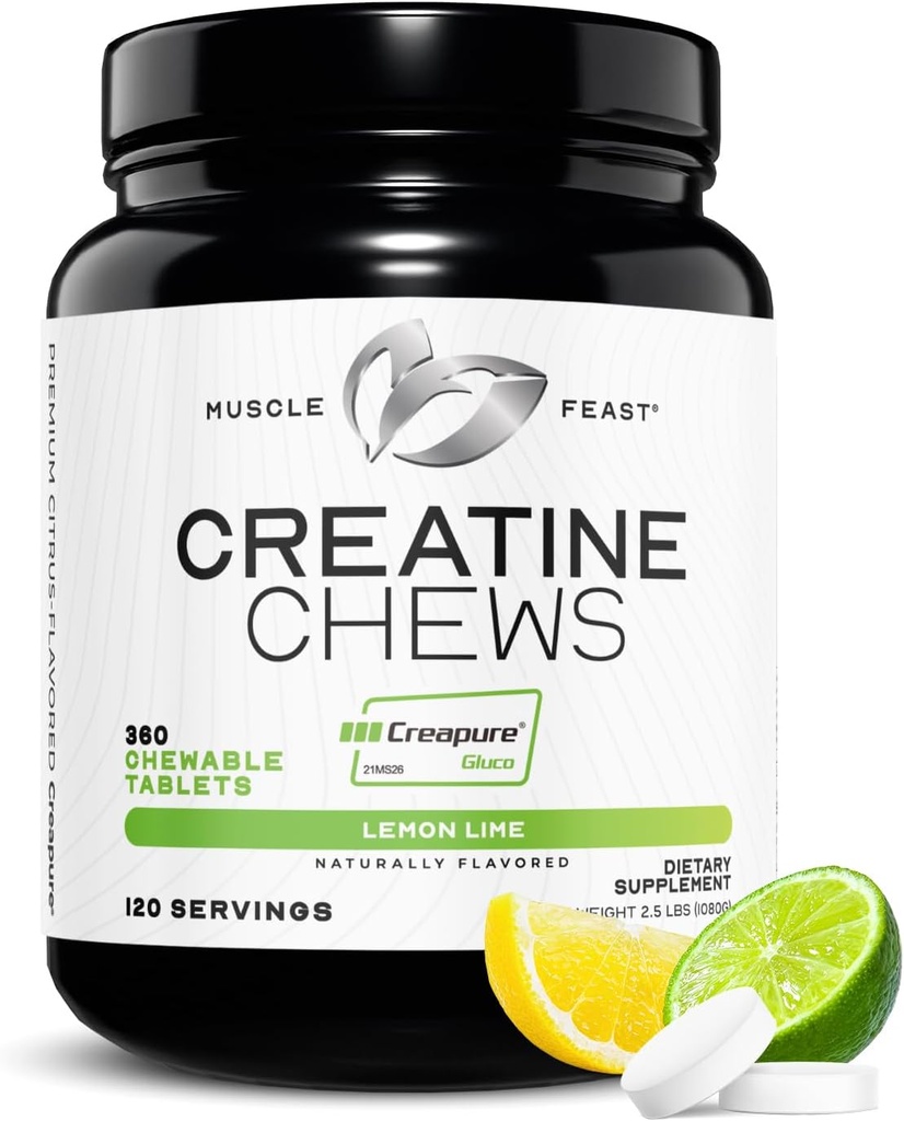 Muscle Feast Creatine Monohydrate Chewables - Vegan &amp; Gluten-Free Creapure Creatine Chews for Men &amp; Women - Delicious Citrus-Flavored Creatine Tablets for Muscle Building - Lemon Lime, 360 Tabs