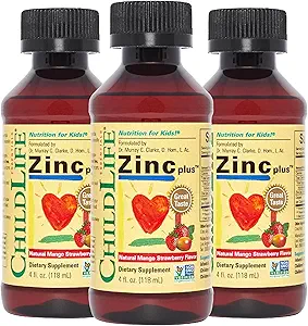 CHILDLIFE ESSENTIALS Liquid Zinc Plus for Kids &amp; Toddler - Liquid Supplement Drops, Zinc Gluconate " Copper for Immune Support - Mango Strawberry, 4 Fl Oz (Pack of 3)