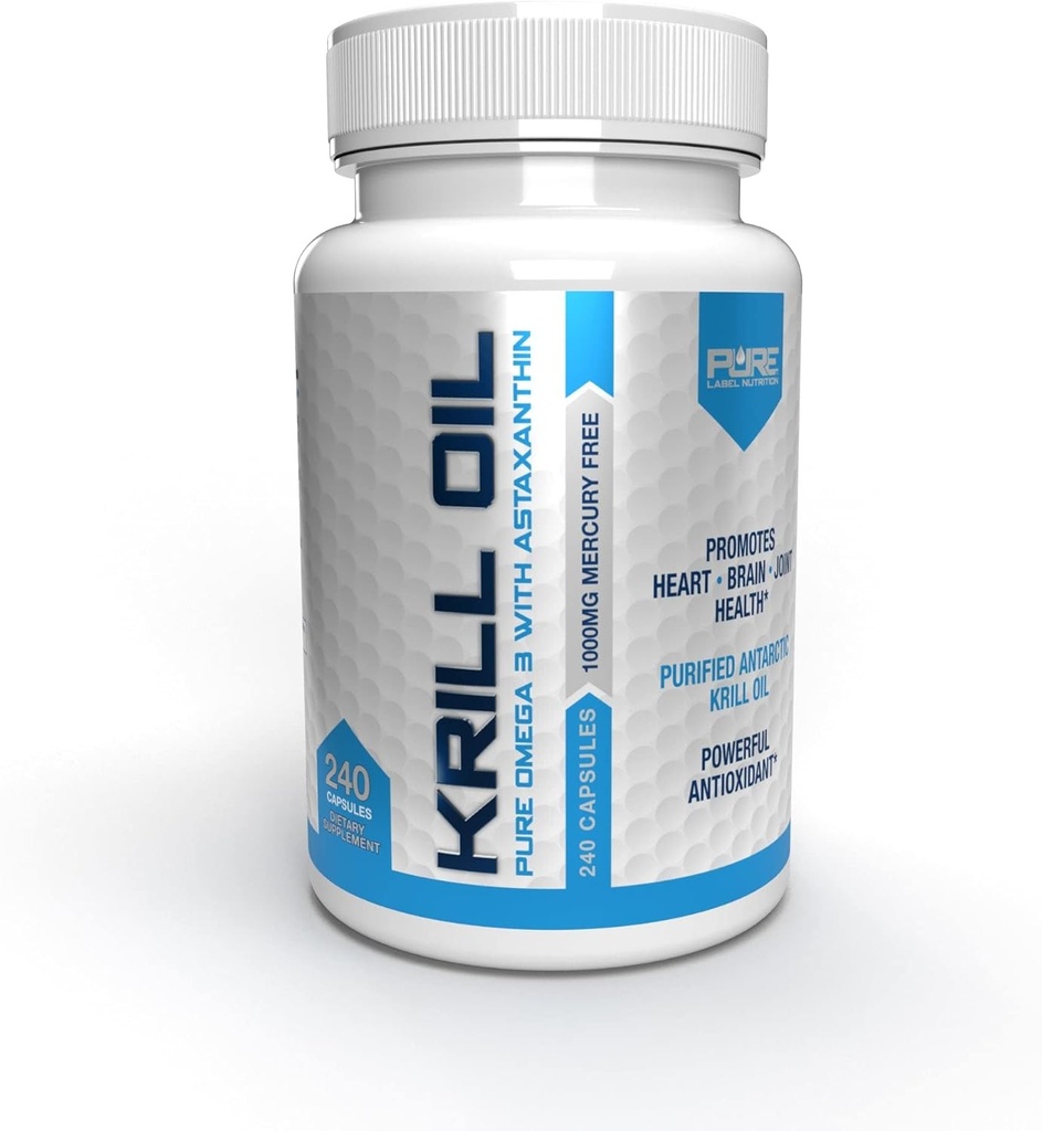 Nutrición de etiquetas puras Aceite de Krill Antártico Fresco 1000mg, Omega 3, Extra Strength, EPA & DHA softgels con Astaxanthin antioxidante. Suplemento de salud cardíaca y sin sabor a pescado. 240 gelcaps